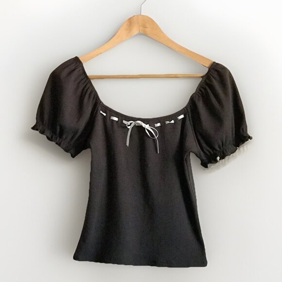 Frankee & Skylarr Brown Ribbed Bow Top Women’s Size Large Puff Short Sleeves - Picture 1 of 7